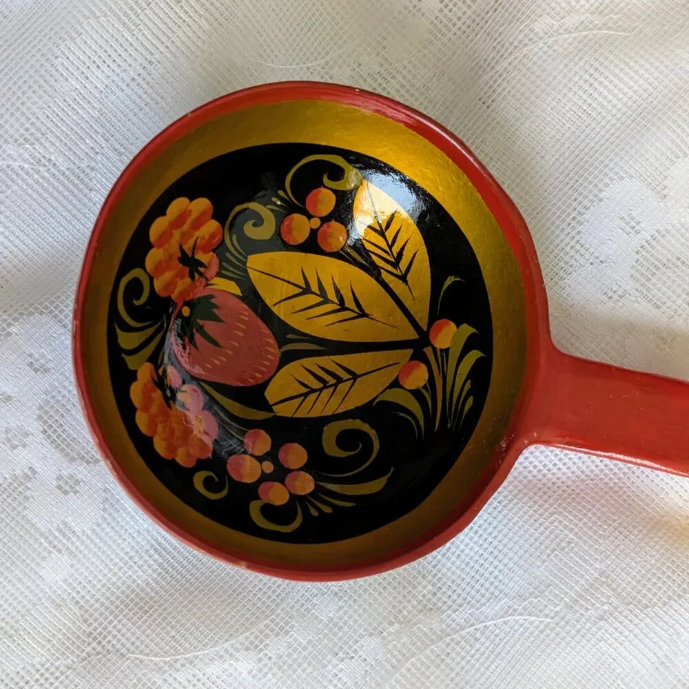 Vintage Russian Khokhloma Hand Painted Floral Large Wooden Ladle Spoon